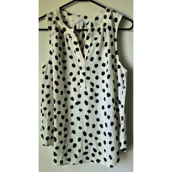 41 Hawthorn Tops - 41 Hawthorn Sleeveless Top Cream/Black Polka Dot V-neck Size M Business Layer